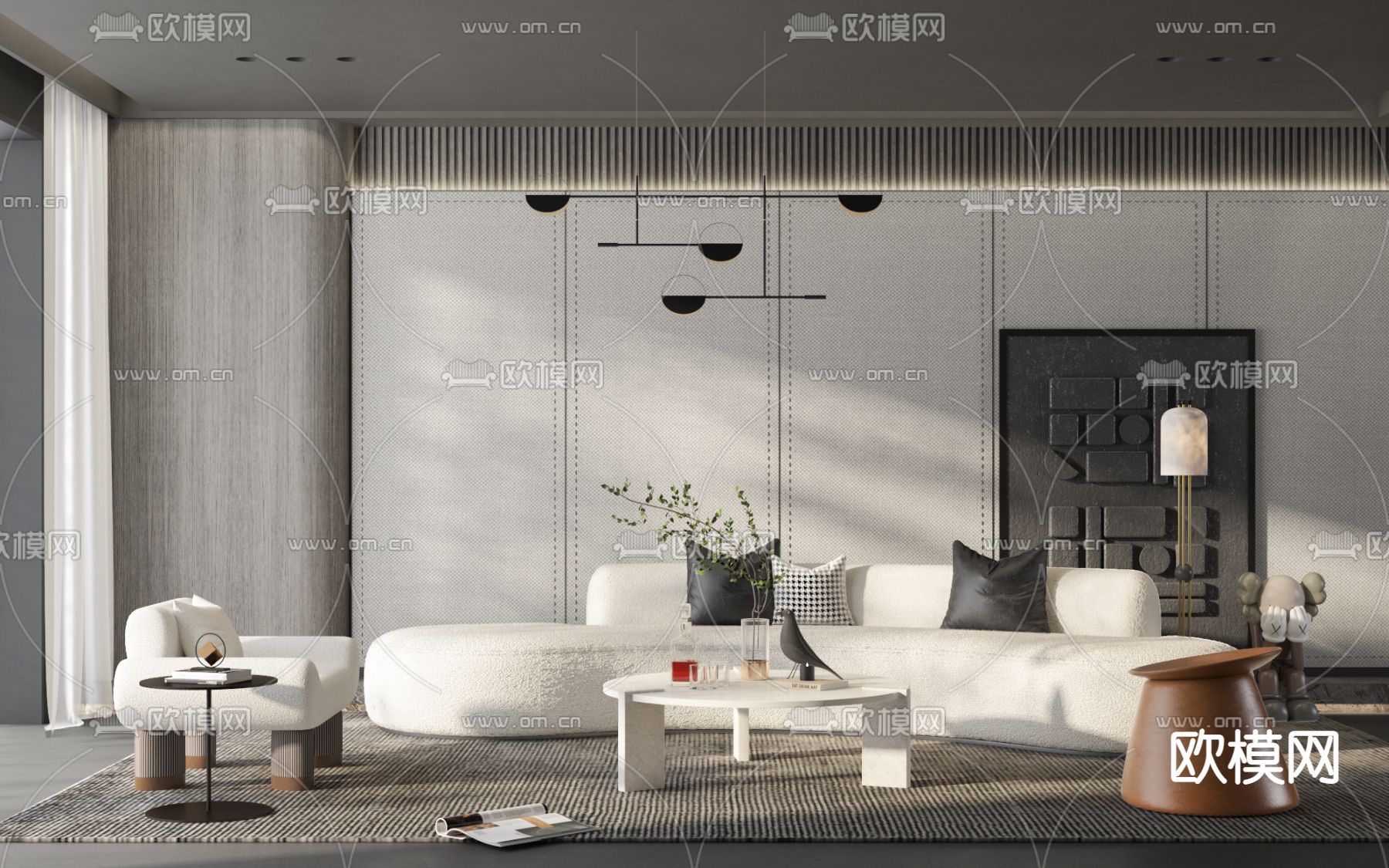 侘寂风布艺弧形沙发组合3d模型下载