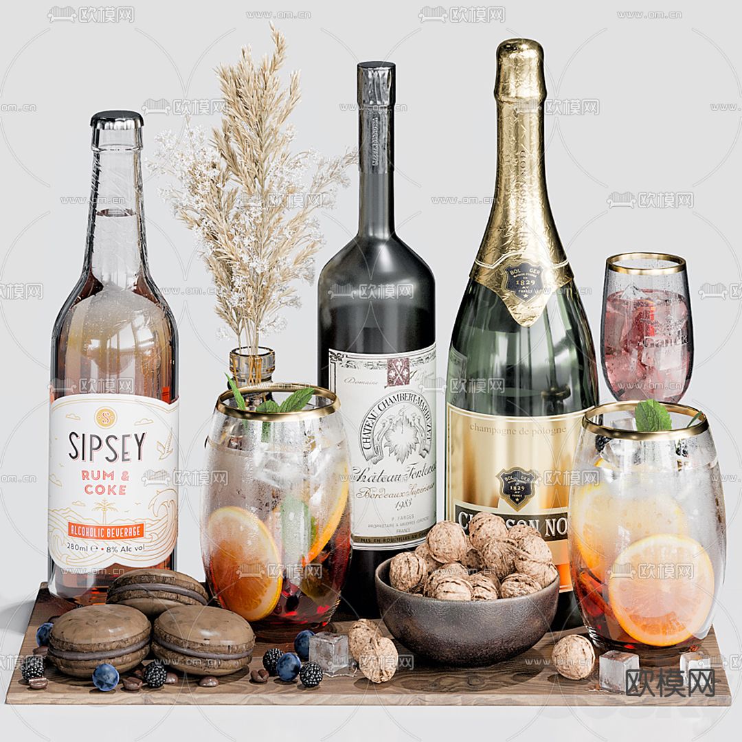 现代洋酒酒杯食物3d模型