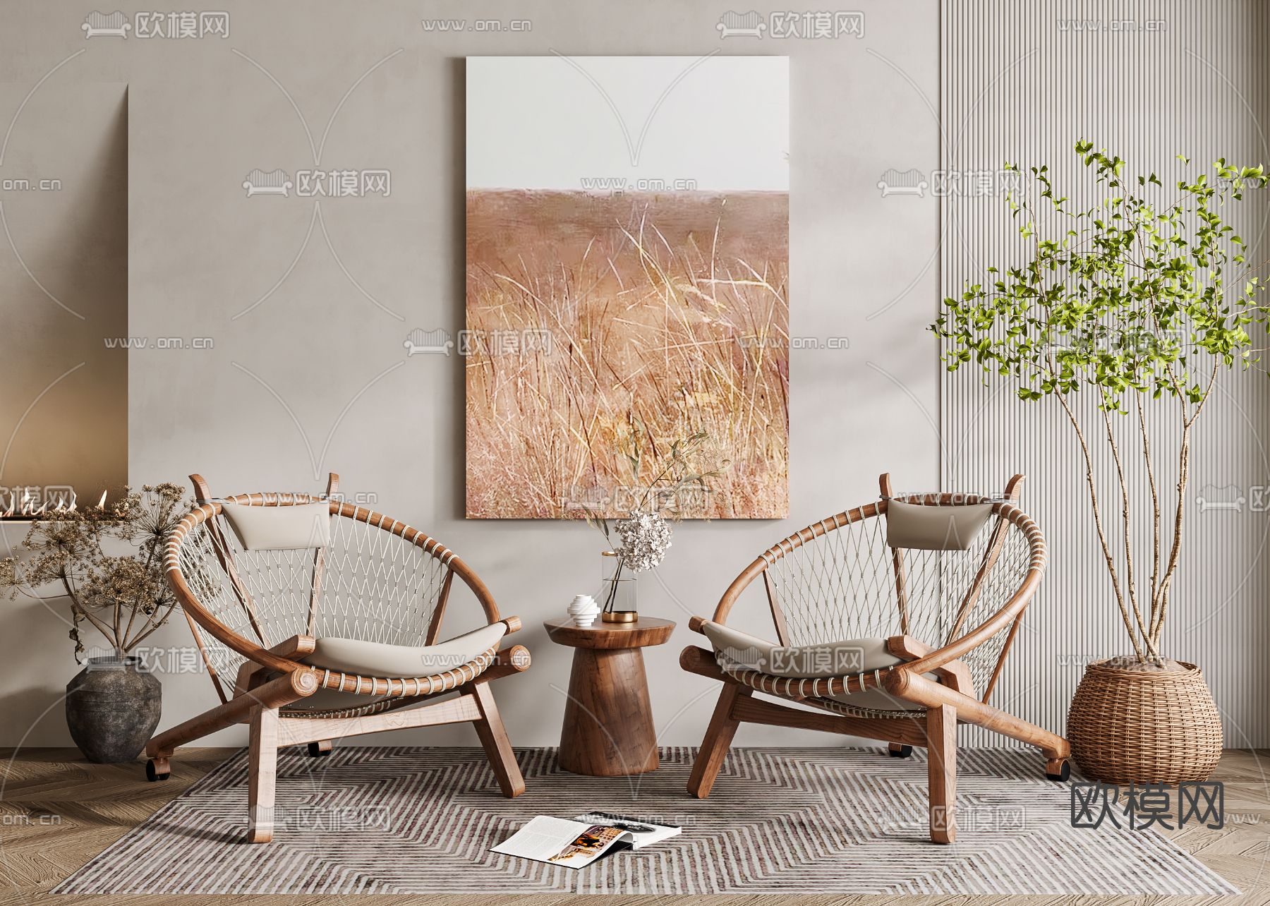 侘寂风绳编户外椅3d模型下载（渲染图1）