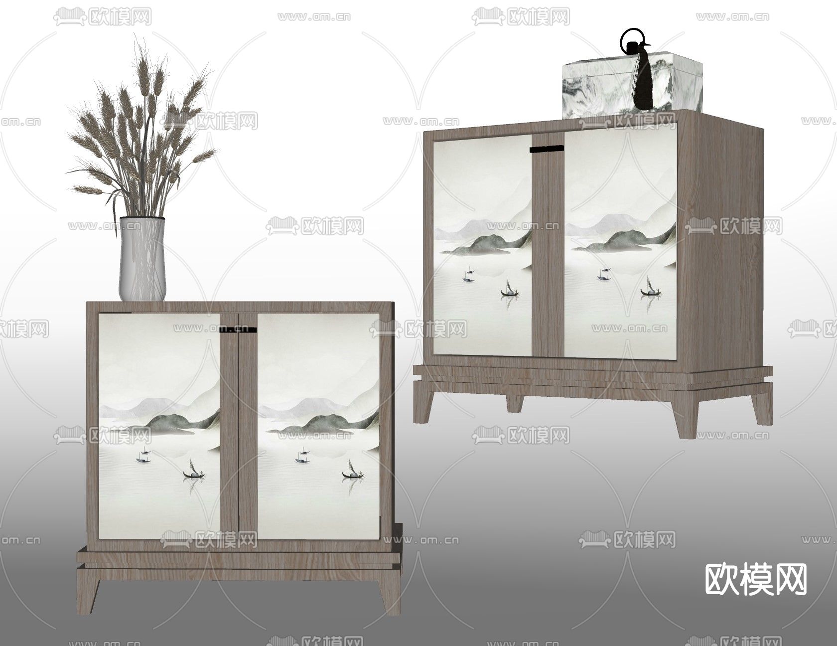 新中式床头柜su模型下载（渲染图2）