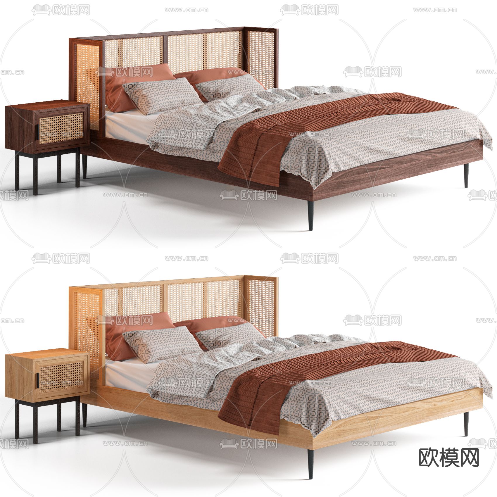 北欧原木双人床3d模型下载（渲染图2）