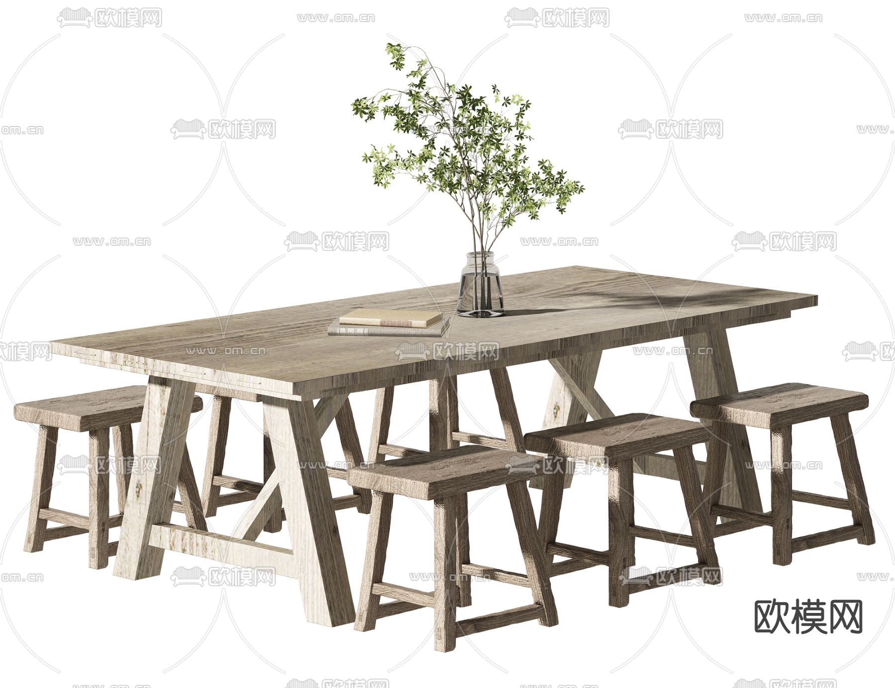 自然风原木餐桌椅3d模型下载