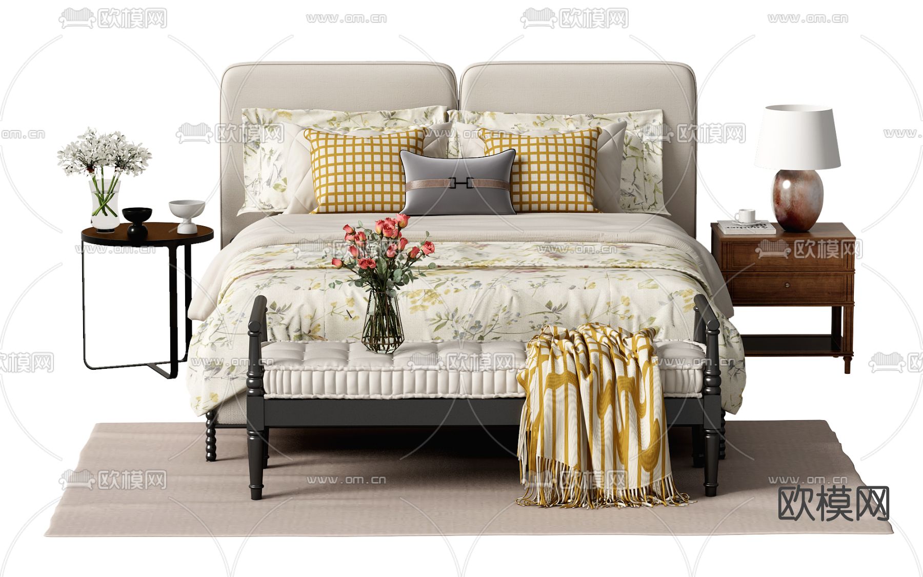 美式布艺双人床免费3d模型下载