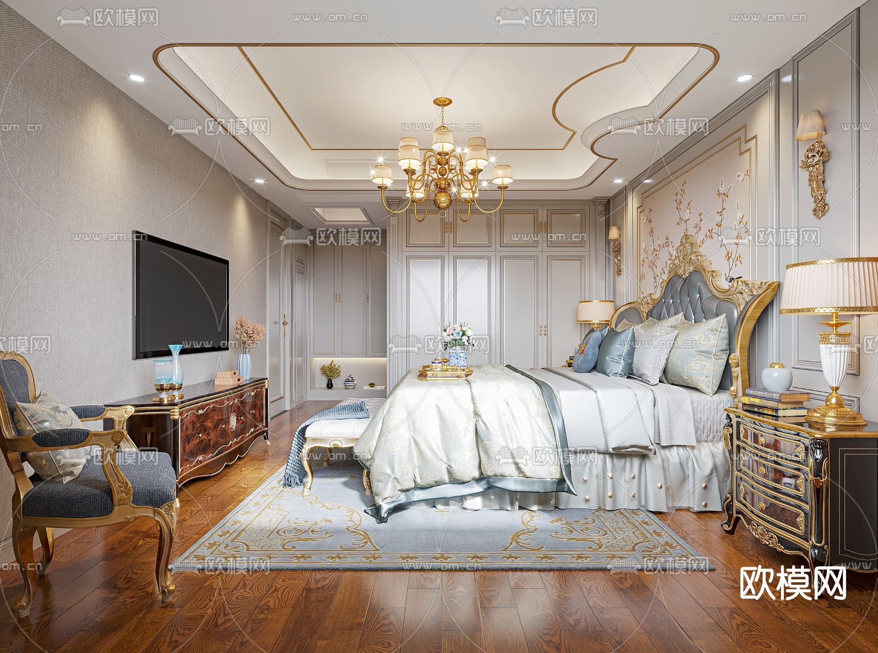 欧式轻奢卧室主人房3d模型下载