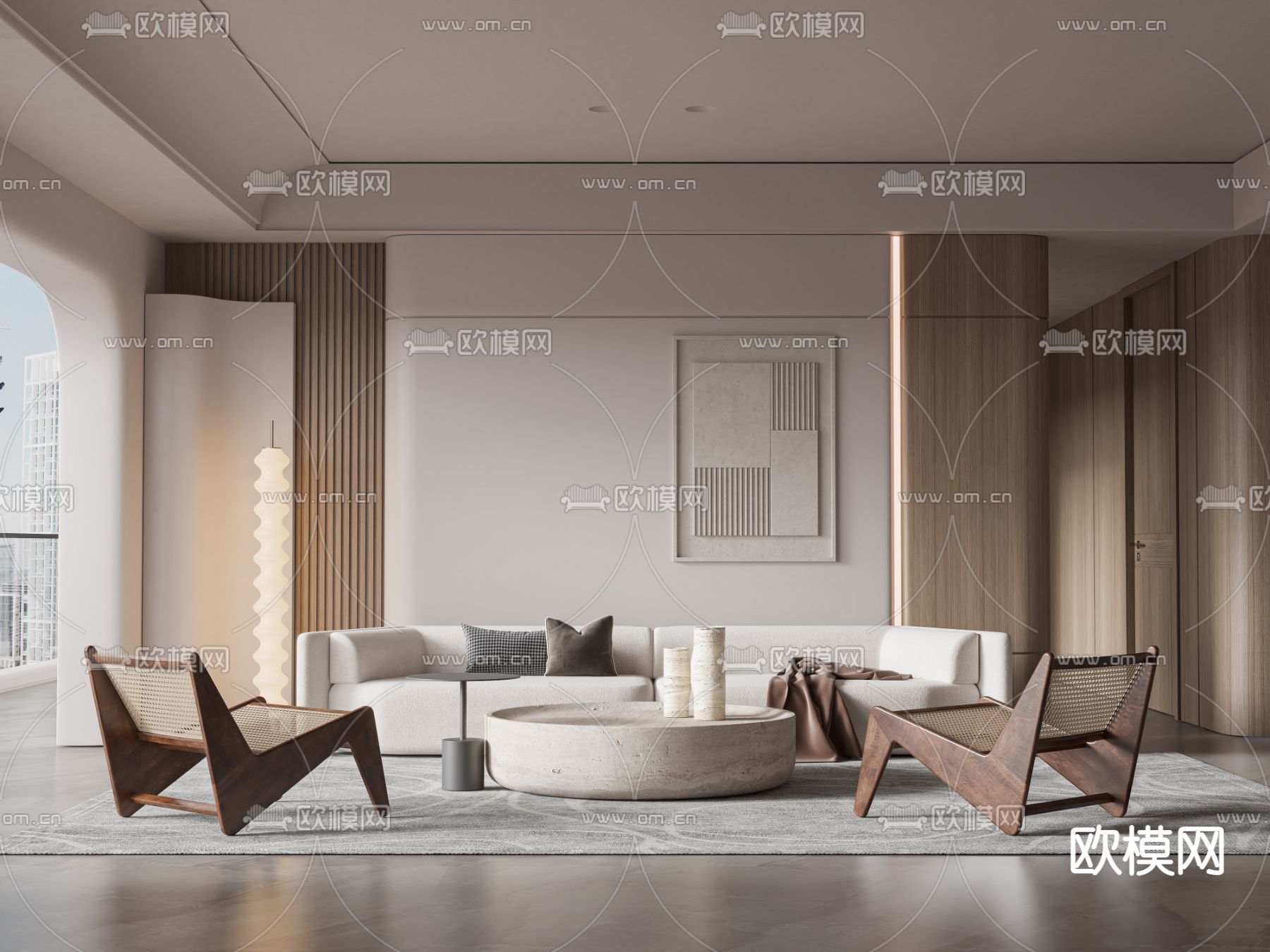 侘寂风布艺沙发组合3d模型下载（渲染图1）