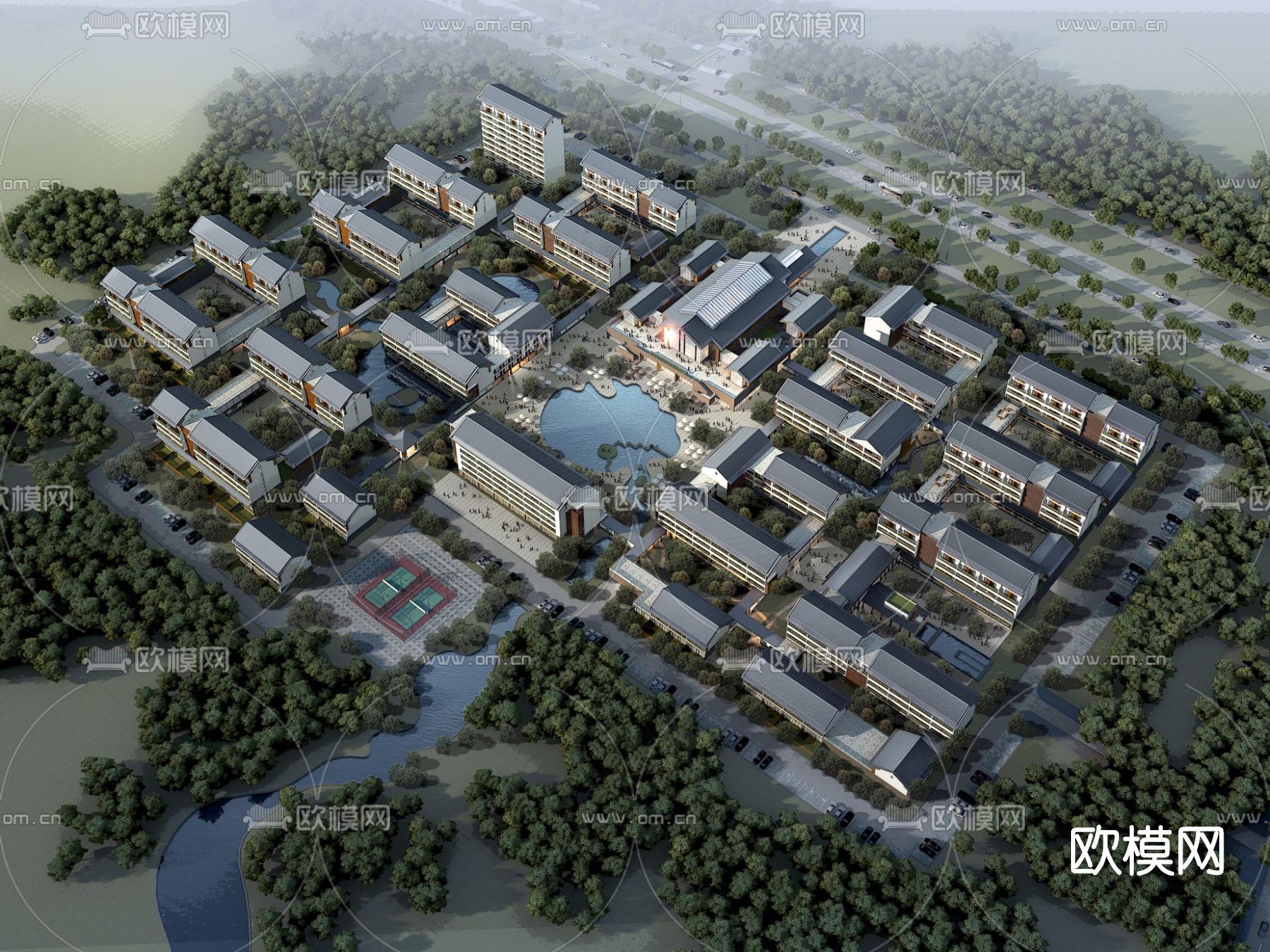 新中式老年公寓鸟瞰su模型下载（渲染图1）