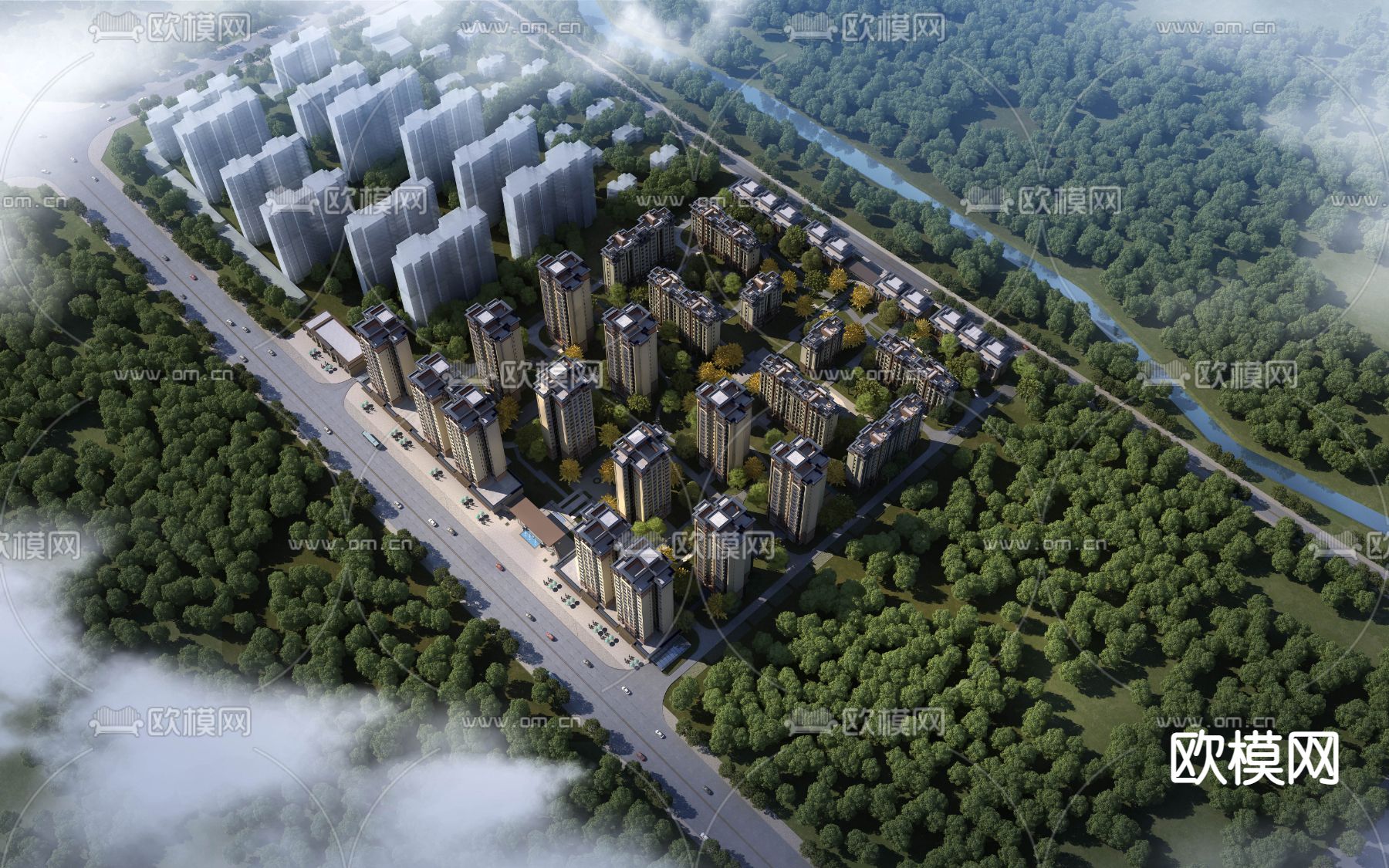 欧式住宅小区鸟瞰3d模型下载