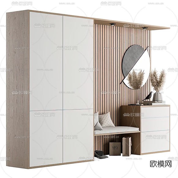 现代实木玄关鞋柜3d模型下载(渲染图1)