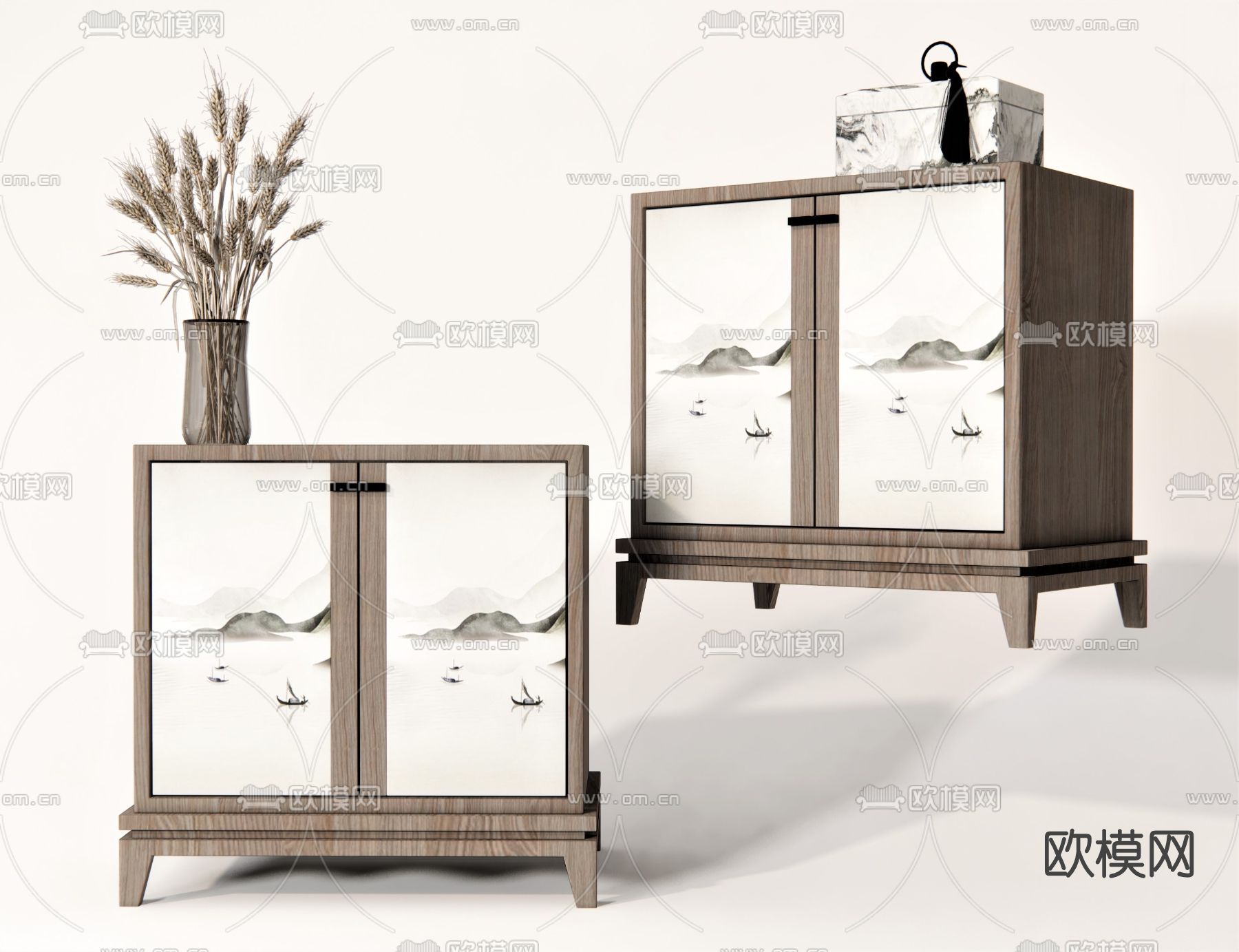 新中式床头柜su模型下载（渲染图1）