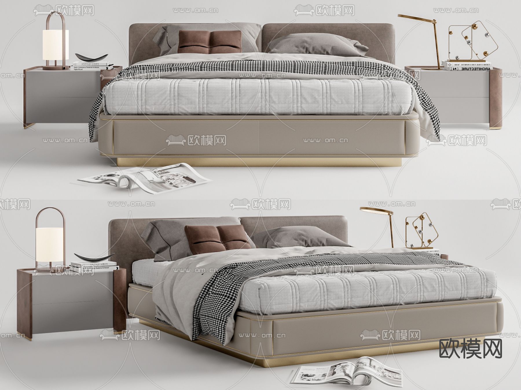 现代布艺双人床u模型下载（渲染图1）