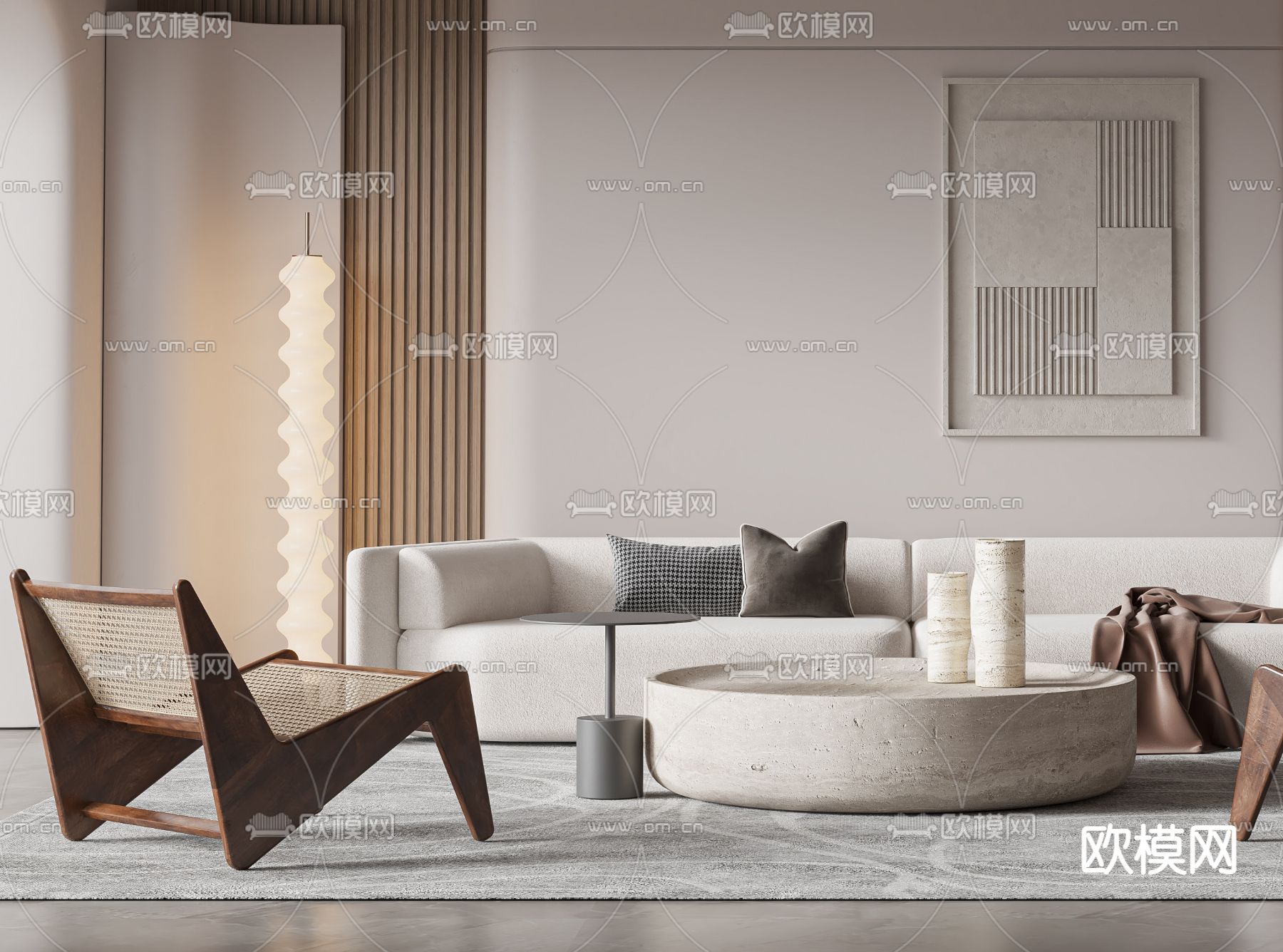 侘寂风布艺沙发组合3d模型下载（渲染图2）