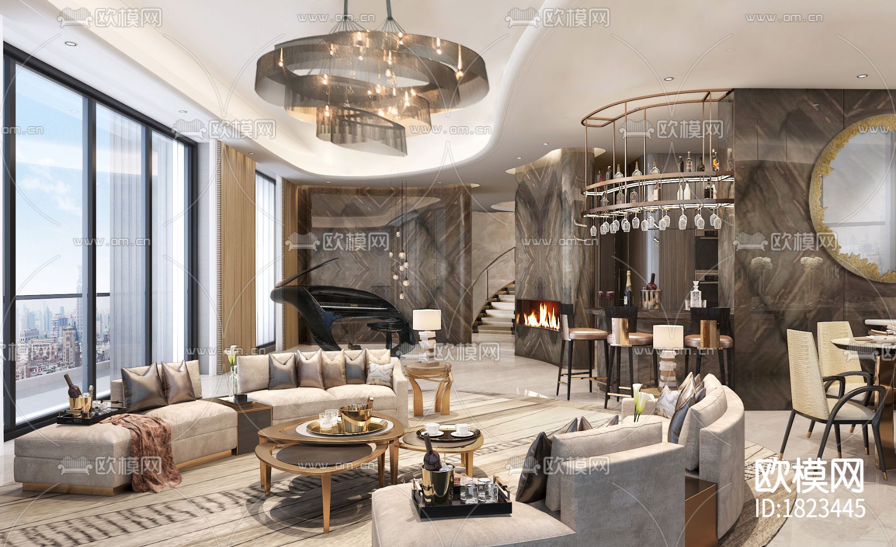 上海绿地五里桥顶层复式别墅效果图施工图下载（渲染图1）