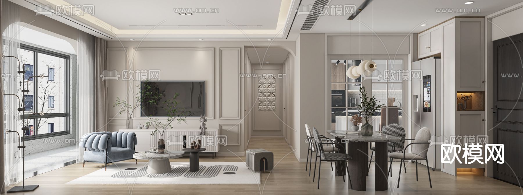 简欧客餐厅3d模型下载（渲染图2）