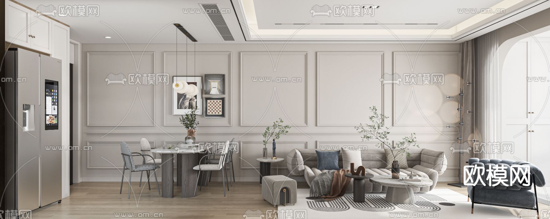 简欧客餐厅3d模型下载（渲染图1）