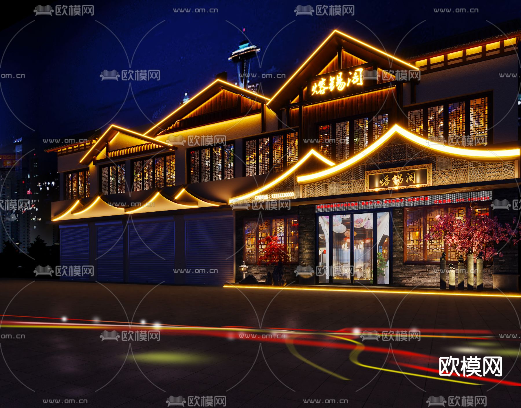 新中式餐饮门头夜景3d模型