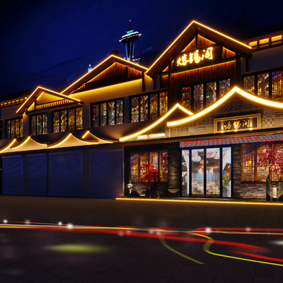 新中式餐饮门头夜景3d模型id:11673488加入清单下载新中式餐厅夜景