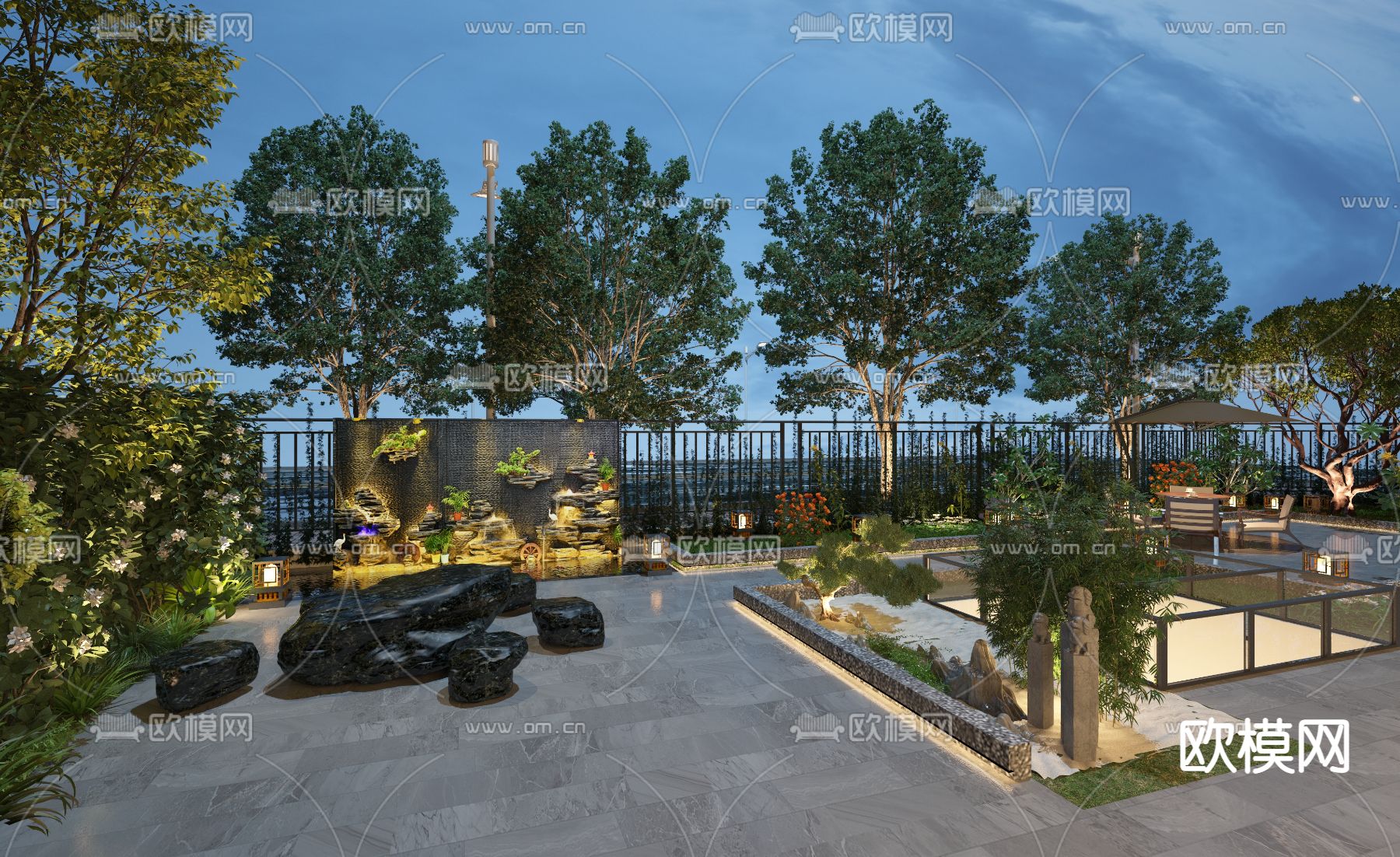 新中式别墅庭院3d模型下载