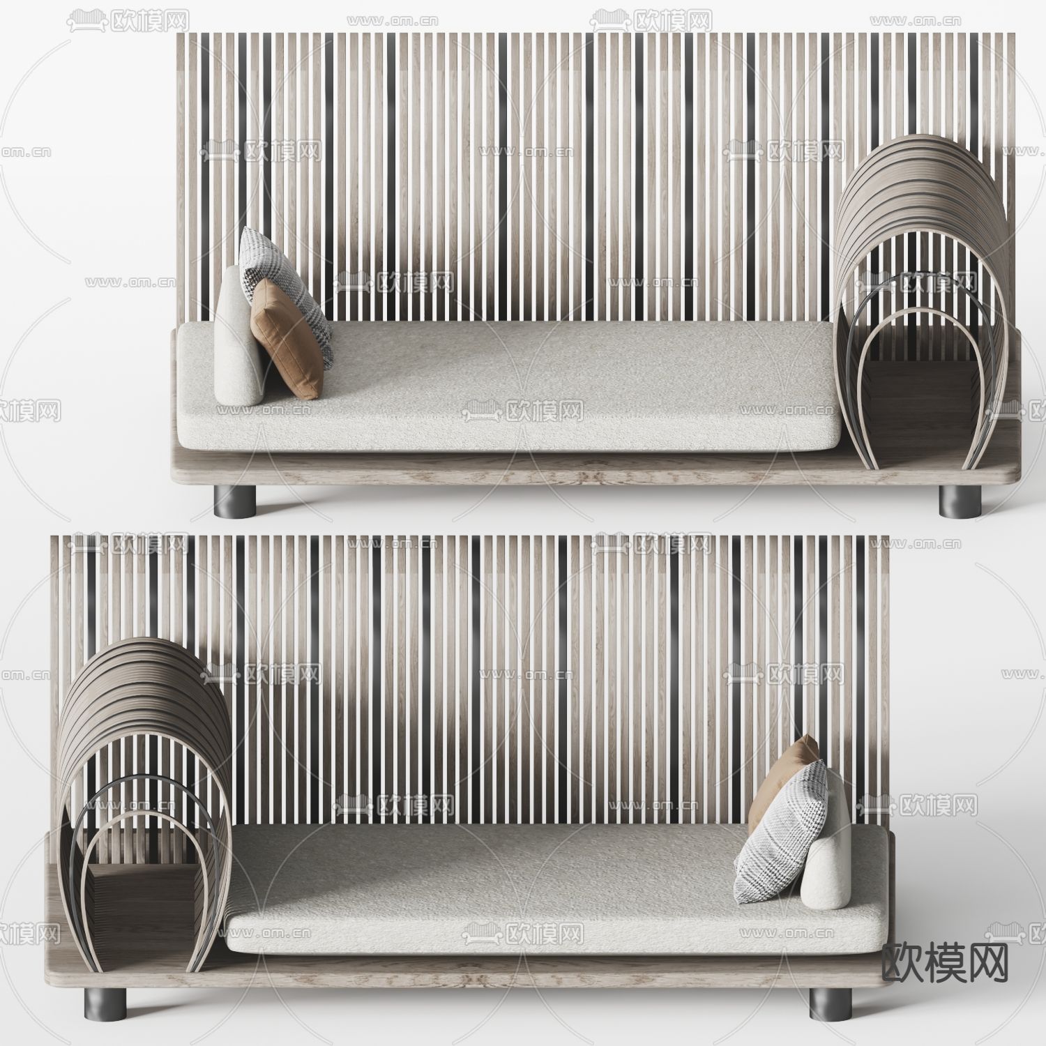 侘寂风实木布艺休闲沙发3d模型下载