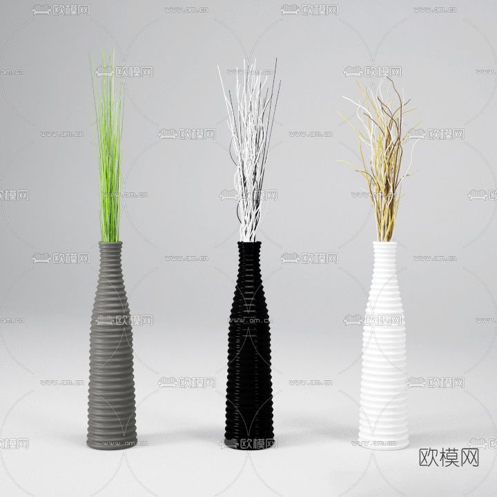 现代绿植干枝花瓶免费3d模型下载