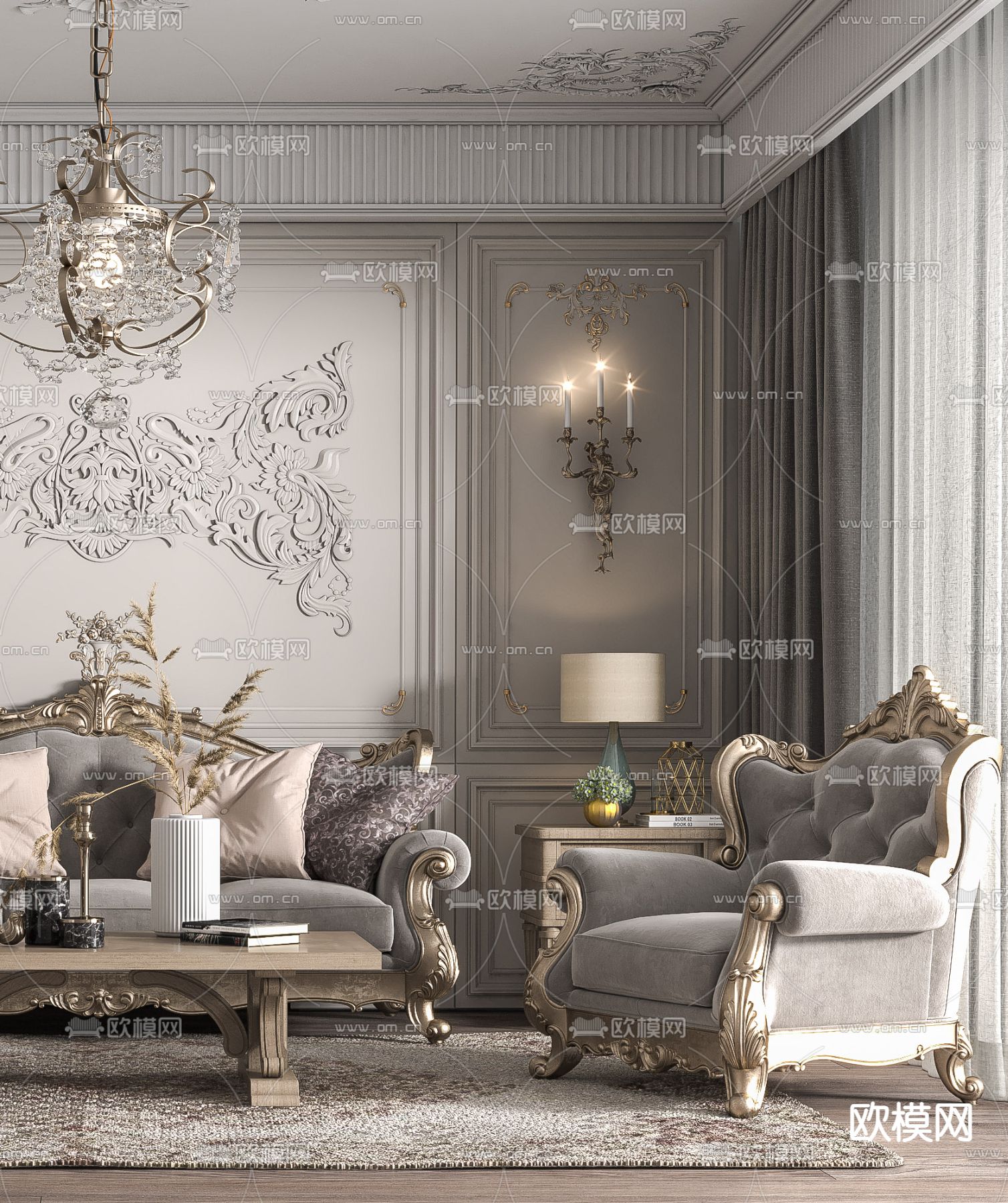 法式轻奢绒布沙发组合3d模型下载（渲染图2）