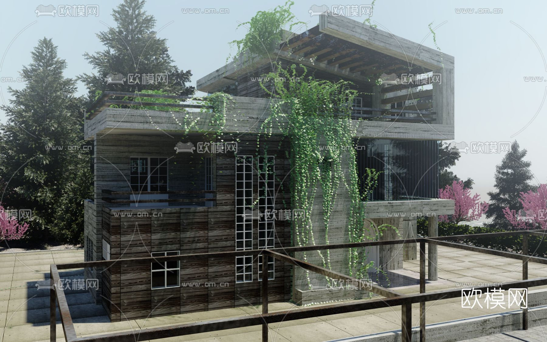 工业风独栋别墅外观免费3d模型下载（渲染图3）