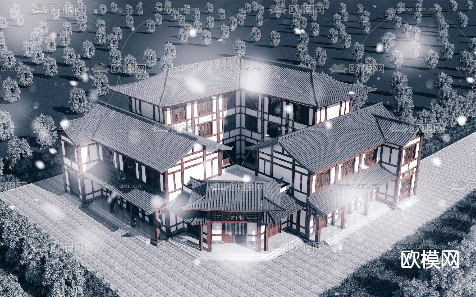 中式传统建筑鸟瞰3d模型下载