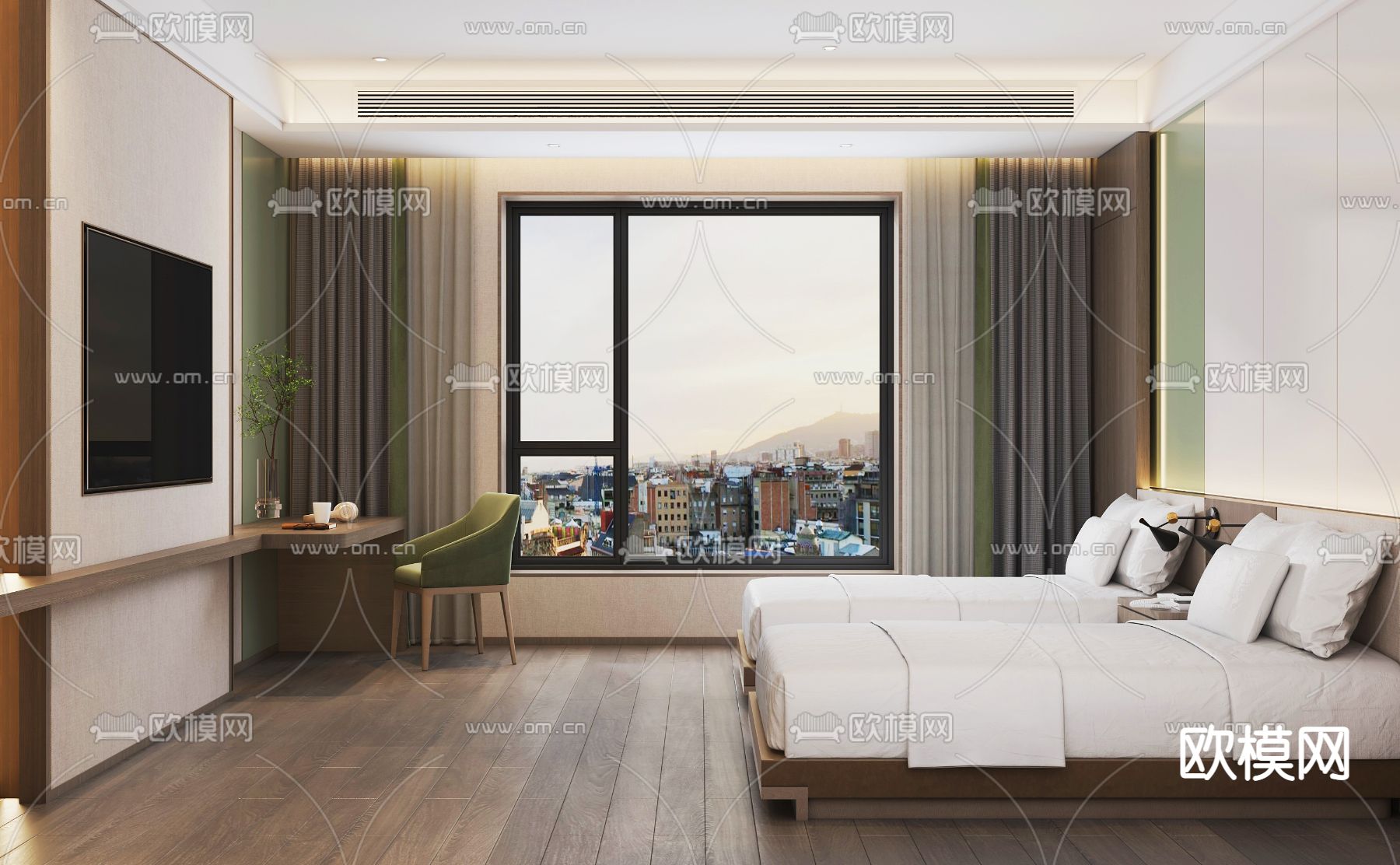 现代酒店双床客房3d模型下载（渲染图8）