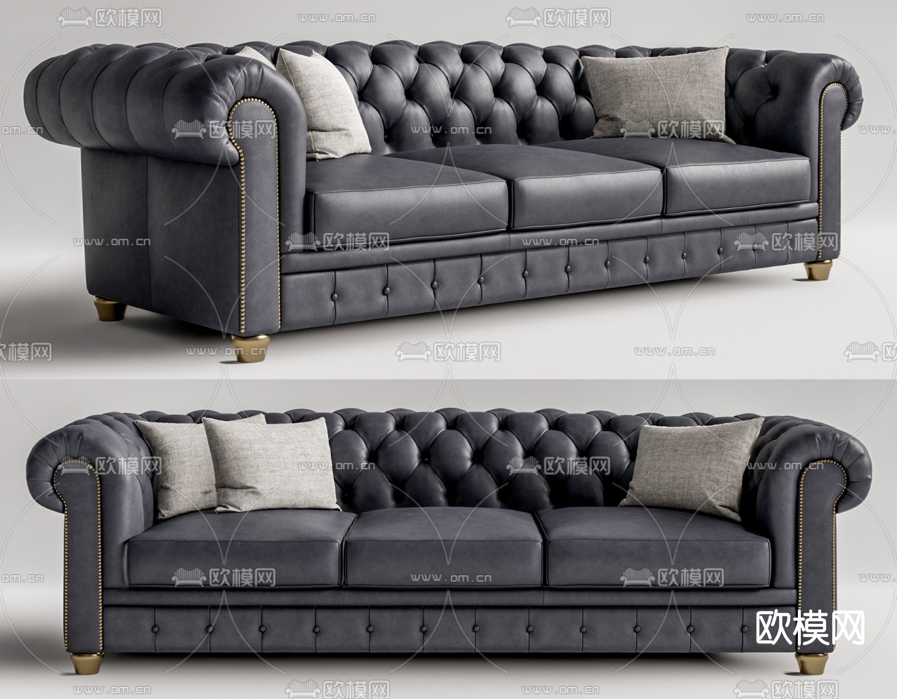 美式皮革多人沙发su模型