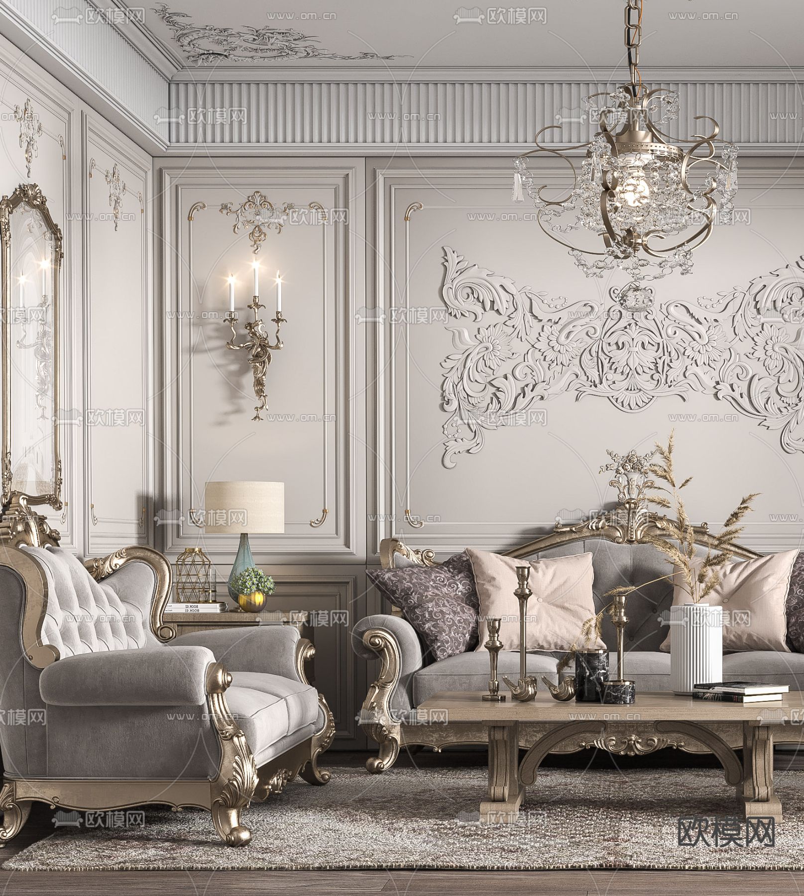 法式轻奢绒布沙发组合3d模型下载（渲染图3）