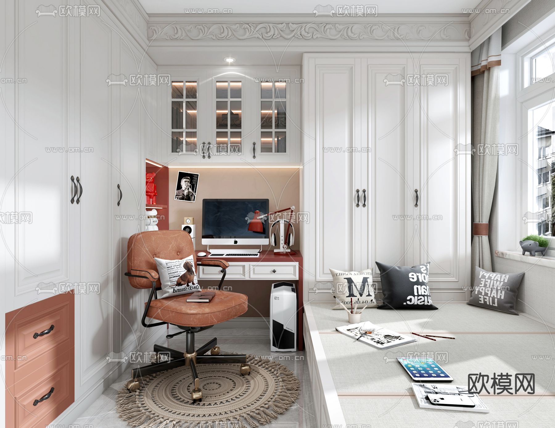 简欧榻榻米卧室3d模型下载（渲染图1）