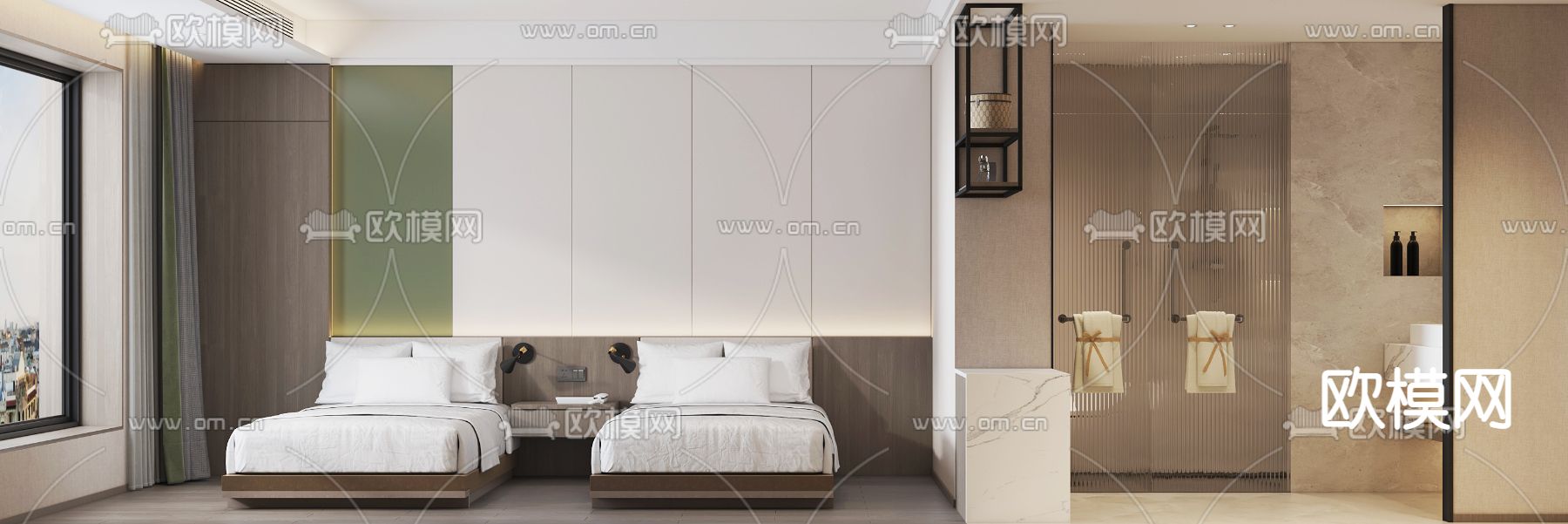 现代酒店双床客房3d模型下载（渲染图3）