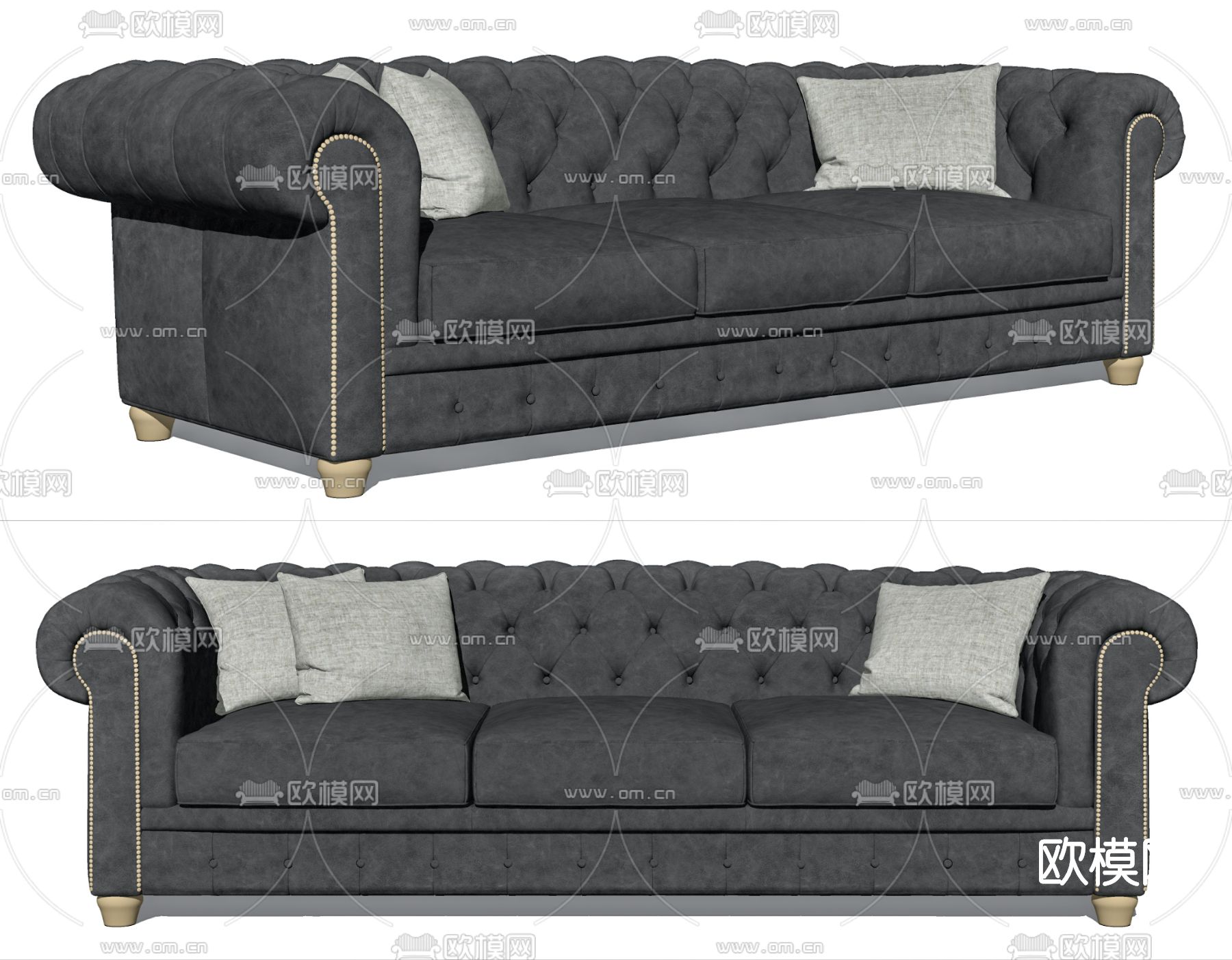 美式皮革多人沙发su模型