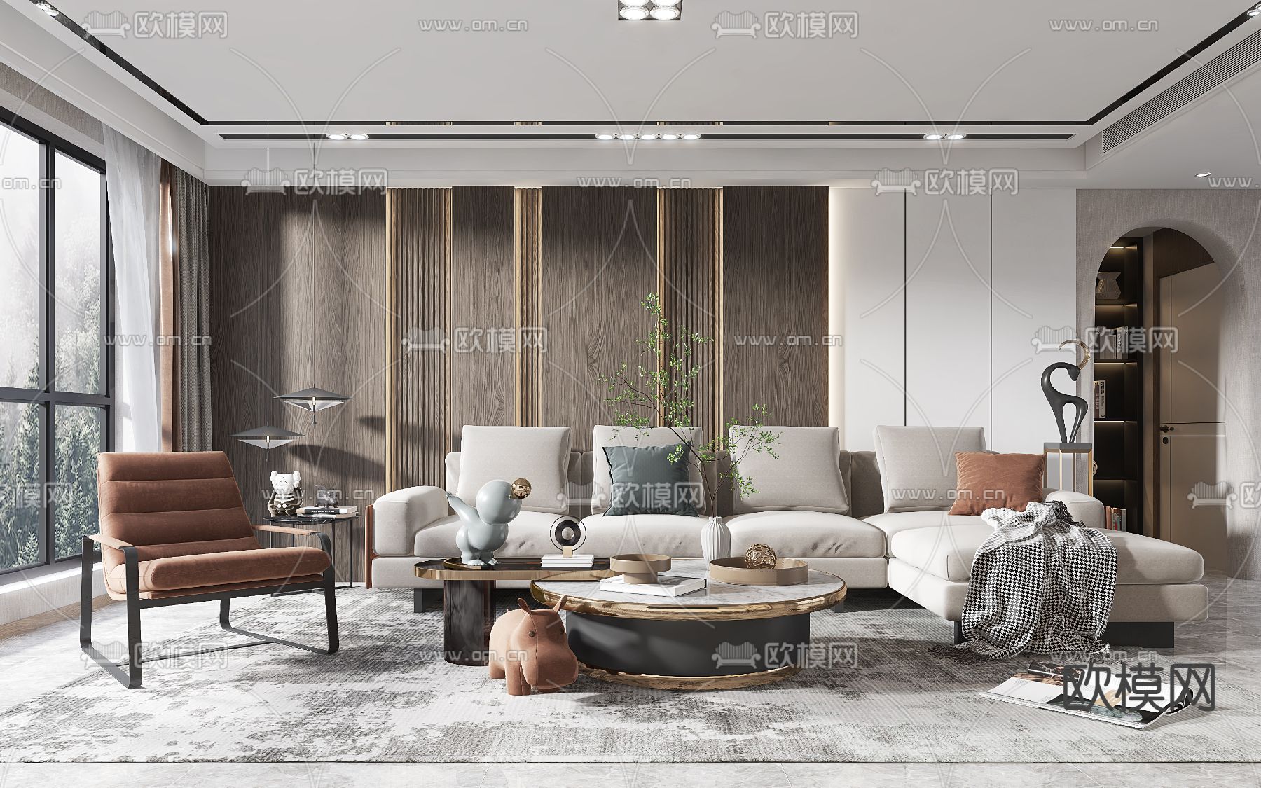 现代布艺转角沙发组合3d模型下载（渲染图1）