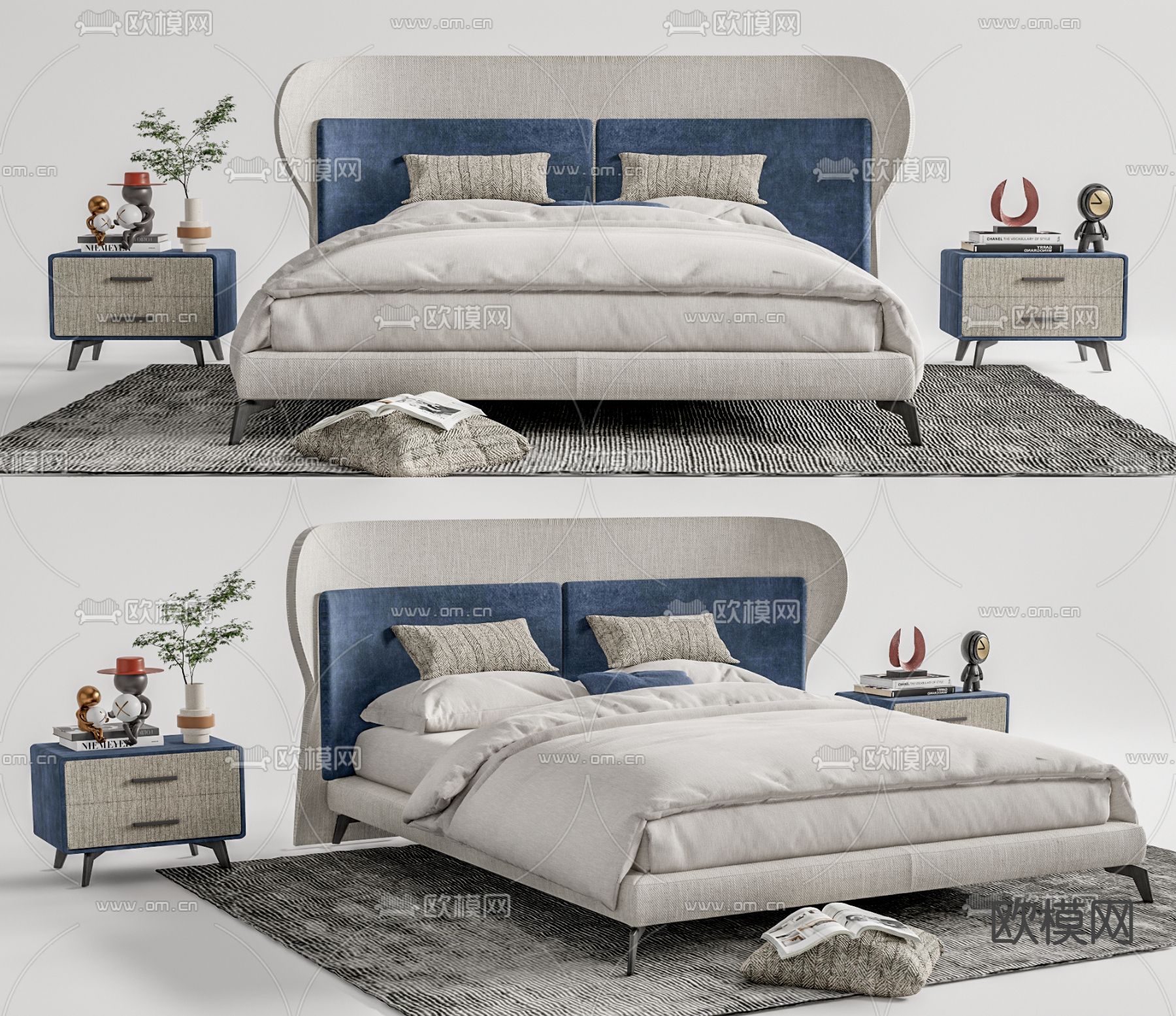 现代布艺双人床su模型下载（渲染图1）