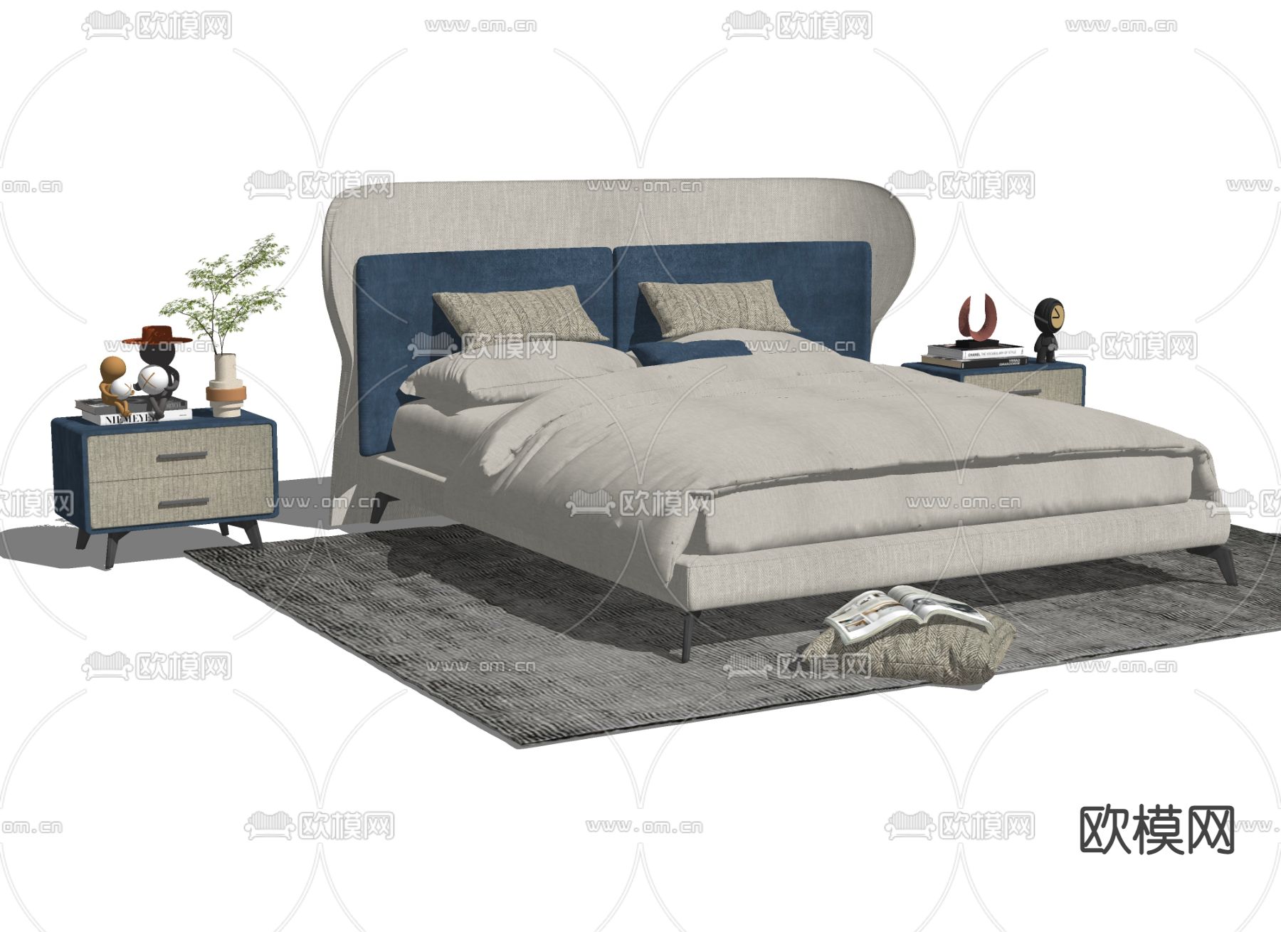 现代布艺双人床su模型下载（渲染图2）
