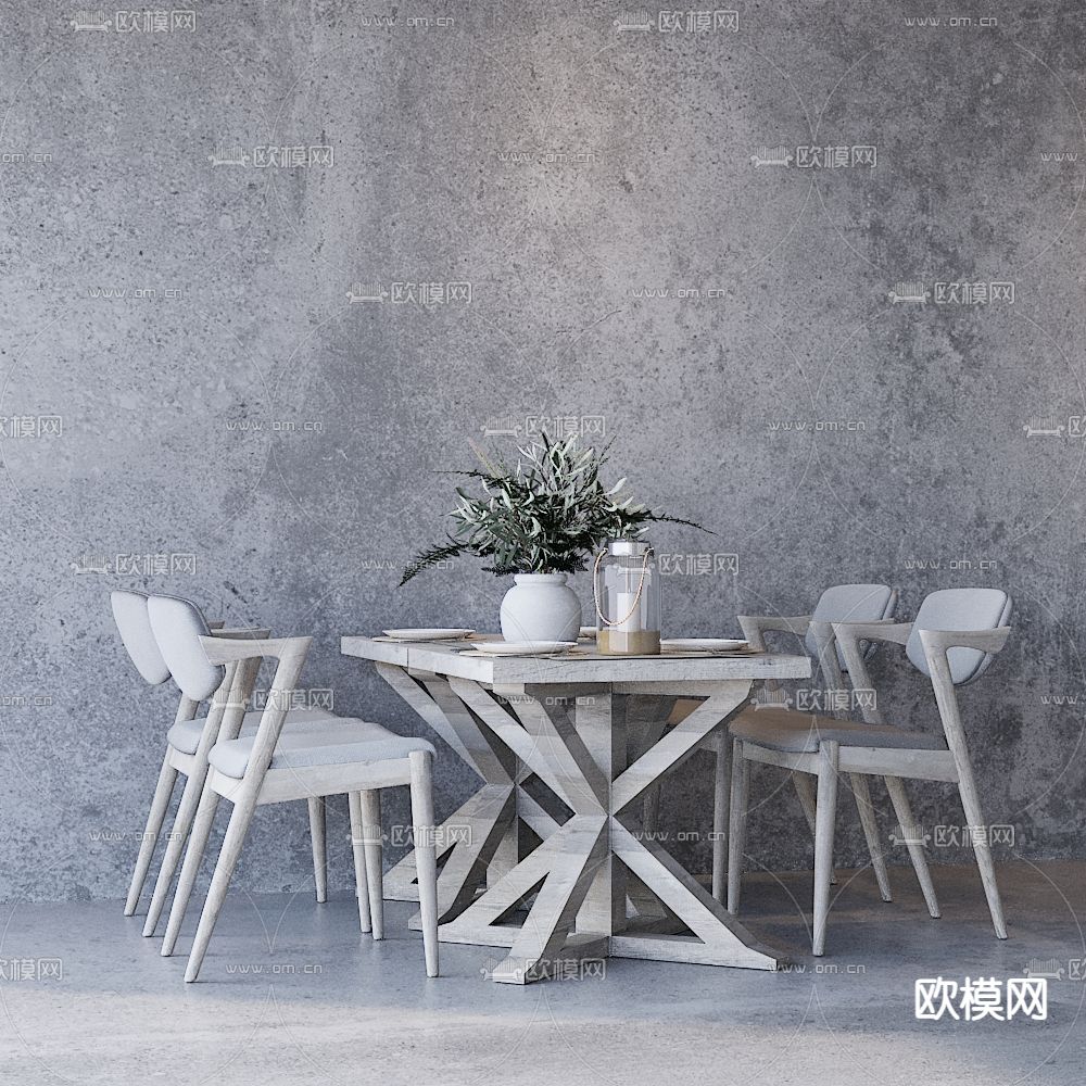 侘寂风实木餐桌椅免费3d模型下载