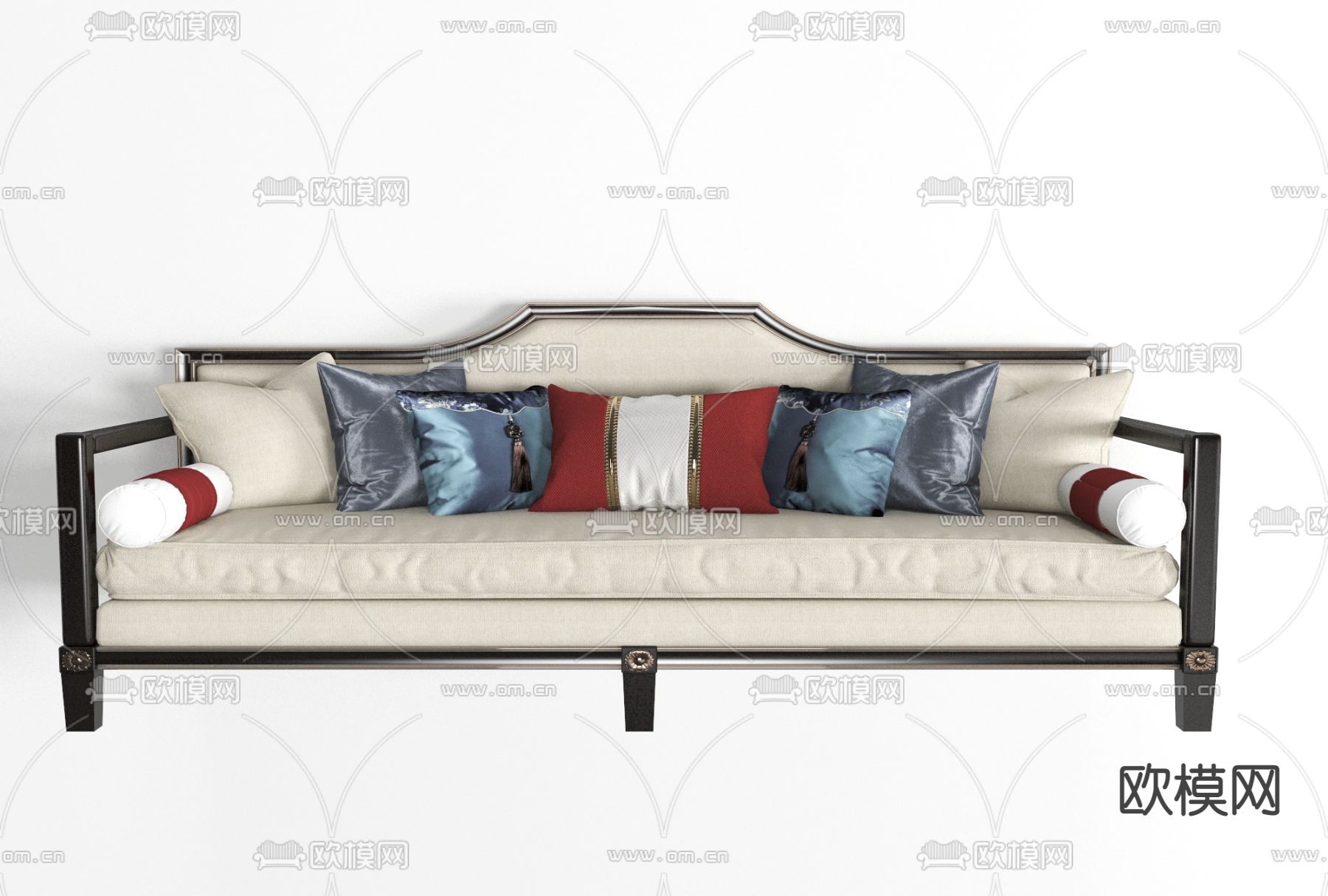 新中式布艺多人沙发免费3d模型下载