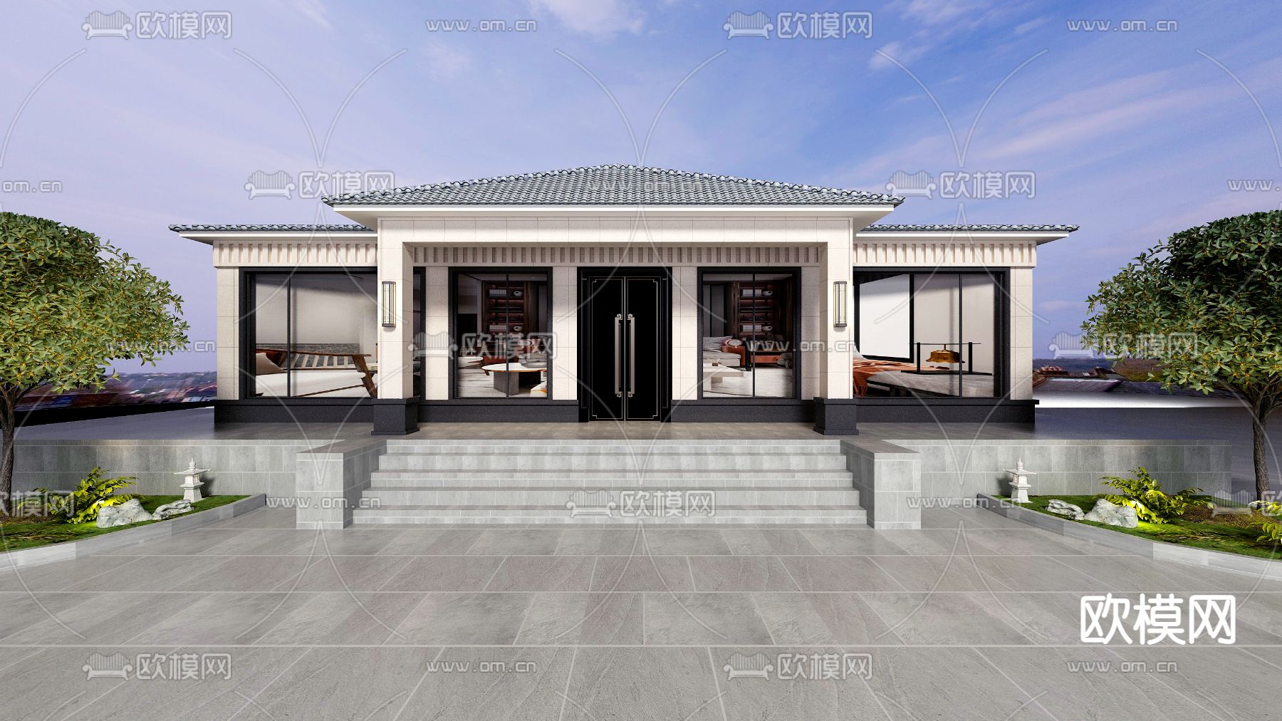 新中式独栋别墅外观免费3d模型下载_ID11677948_3dmax免费模型-欧模网