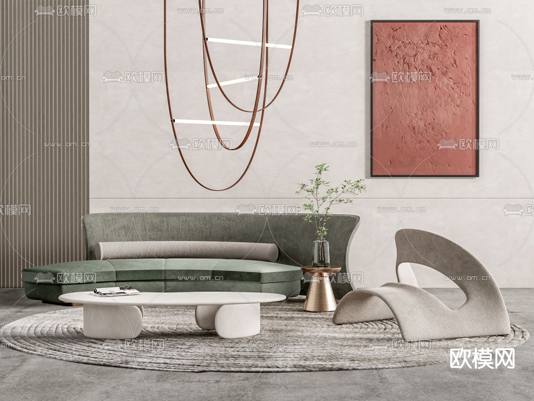 侘寂布艺弧形沙发su模型下载（渲染图1）