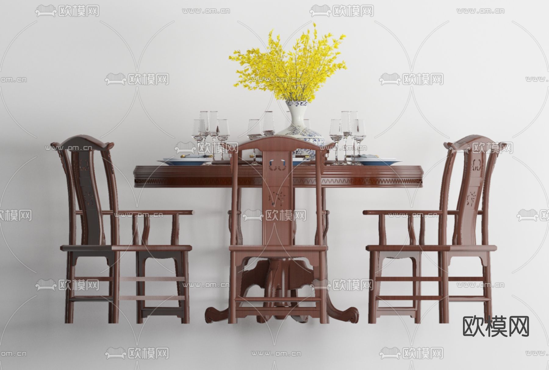 中式圆形餐桌椅免费3d模型下载