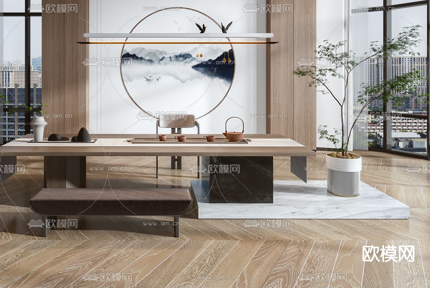 新中式会客室茶室3d模型下载（渲染图2）