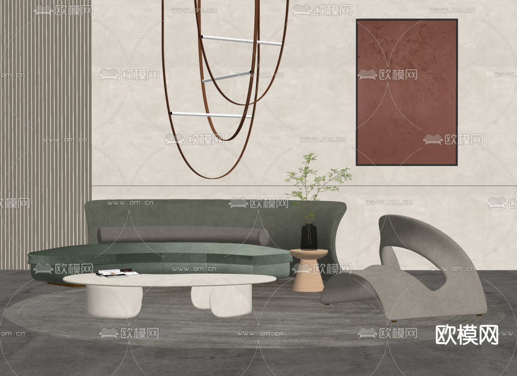 侘寂布艺弧形沙发su模型下载（渲染图2）