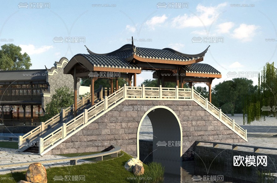 中式古建廊桥景观3d模型下载