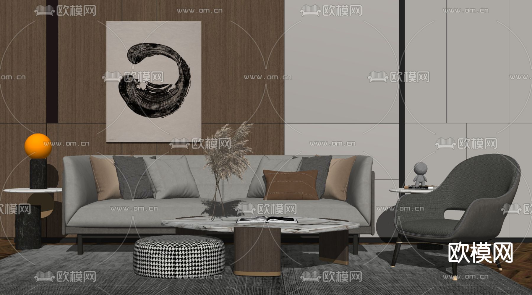 现代布艺组合沙发su模型下载（渲染图2）
