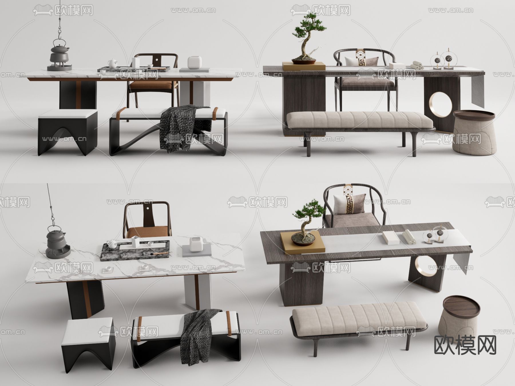 新中式茶桌椅书桌椅su模型下载（渲染图1）