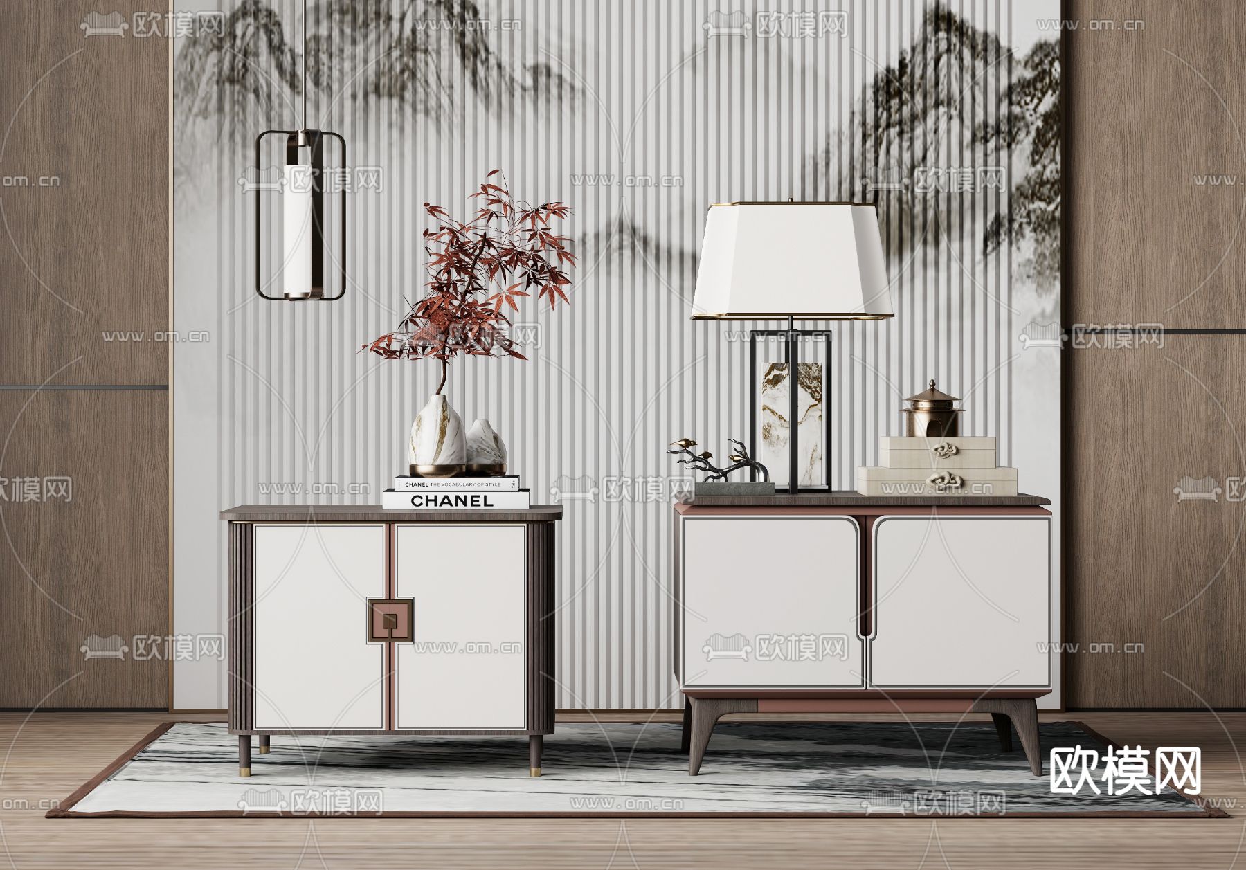 新中式床头柜su模型下载（渲染图1）