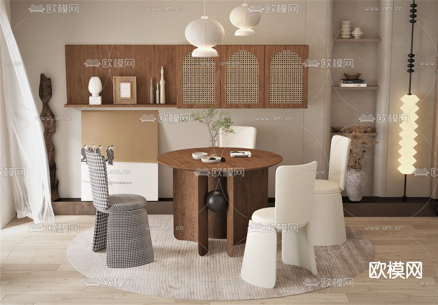 侘寂实木休闲桌椅3d模型下载（渲染图2）