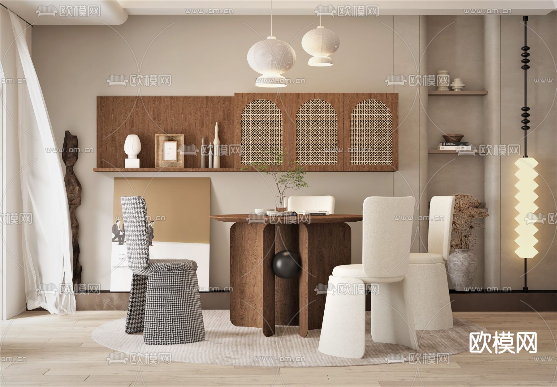 侘寂实木休闲桌椅3d模型下载（渲染图1）