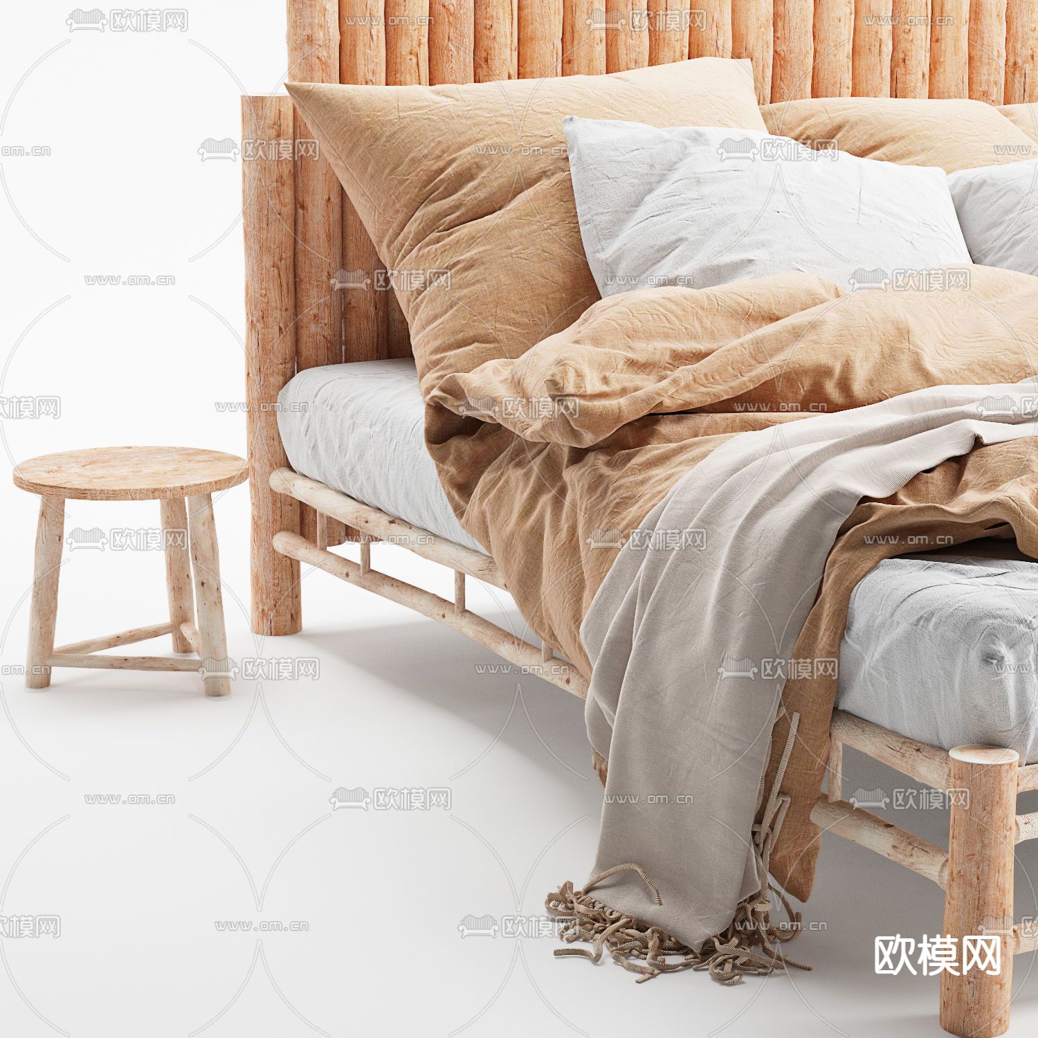 自然风实木双人床3d模型下载（渲染图2）