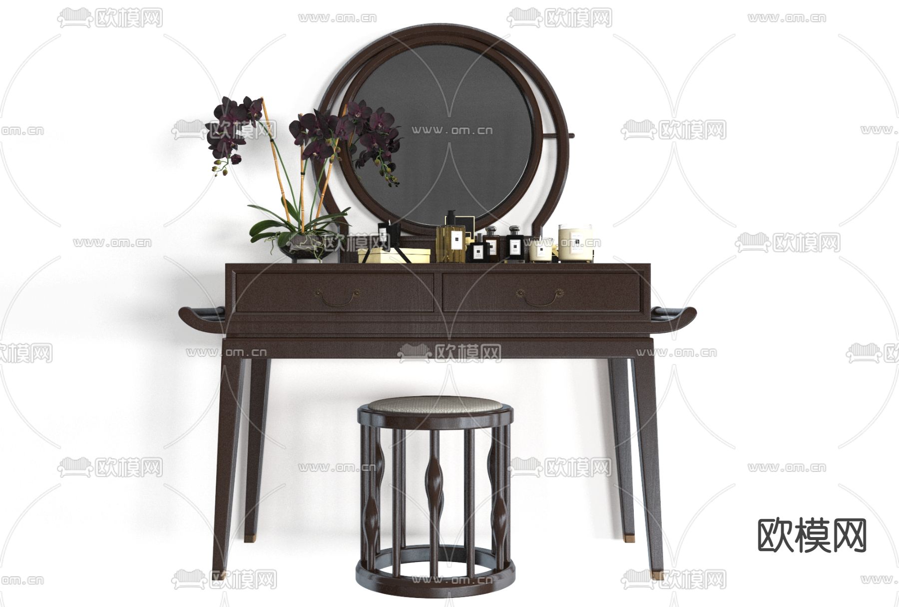 新中式实木梳妆台椅免费3d模型下载